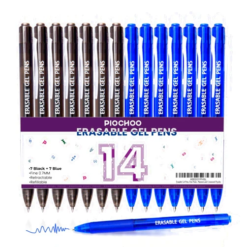 Piochoo 14 Colors Erasable Gel Pens, Fine Point, Retractable Clicker Pens, 7 Black/7 Blue Inks Erasable Pens for Planners and Crossword Puzzles