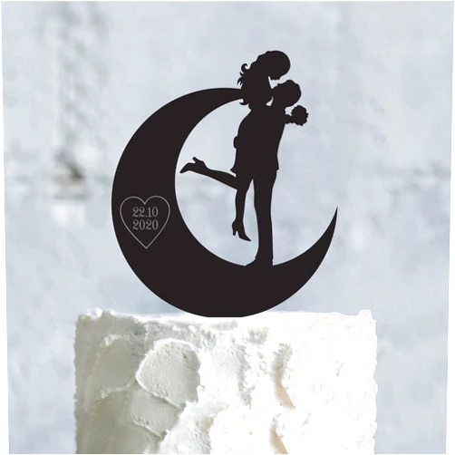 Egeshangb Crescent Moon Celestial Wedding Cake Toppers,moon Wedding Personalized Cake Topper,moon and Back Wedding Mr and Mrs Cake Topper Date for Wedding,Engagement,Birthday,Anniversary,Shower Party Favors.