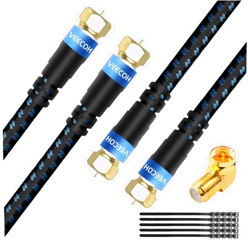 VEECOH Coaxial Cable 1.5ft 2 Pack Quad Shielded Digital RG6 Antenna Cable RG6 Coax Cord with Angled Male to Female Adapter+25 Cable Ties