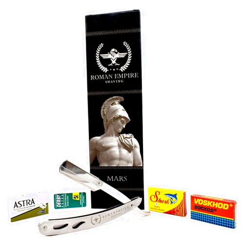 Roman Empire Shaving Mars Straight Razor for Professional Barber with 20 Blades Sampler (Astra-Derby-Shark-Voskhod)