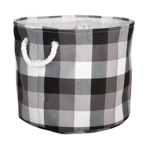 DII Buffalo Check Storage Collection Collapsible Bin with Handles, Medium Round, 15x15x12, Tri Color Black