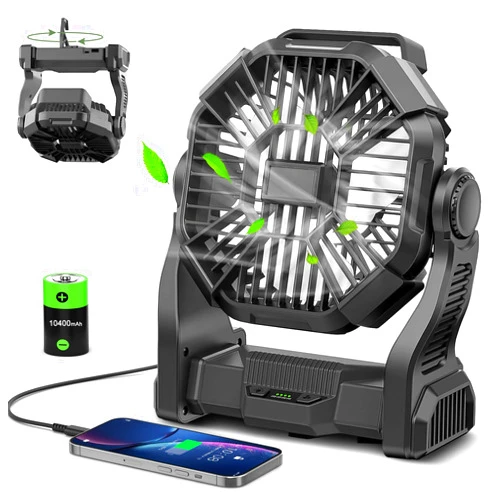 CONBOLA Portable Rechargeable Camping Fan for Tent, 10400mAh Battery Operated Outdoor Fan with Hanging Hook, LED Lantern, 270° Rotation, 10-Inch Small Quiet Personal Usb Cooling Fan for Travel