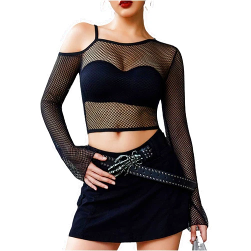 Avidlove Mesh Crop Tops for Women Long Sleeve Fishnet Shirt See Through Tops Rave Outfits Party Clubwear