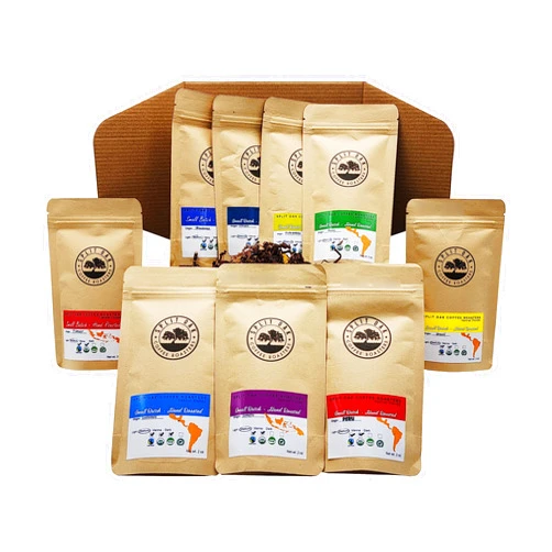 SPLIT OAK COFFEE ROASTERS Best Coffee Gift Box Set 9 Assorted Coffees Sumatra Timor Colombia Ethiopia Honduras Mexico Guatemala Brazil Peru. All Amazing Coffee from all Over the World (9 Pack Whole Beans Assorted Coffee 2oz)