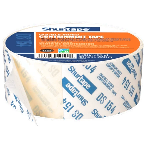 Shurtape DS 154 Double-Sided Containment Tape, Painter's Tape and Sticks to Plastic Sheets, For Painting and Remodeling, 48mm x 23 Meters, Natural, 1 Roll (104333)