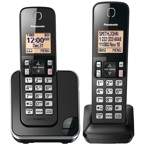 Panasonic Cordless Phone 2 Handsets System Expandable with Amber Backlit Display – KX-TGC352B (Black)