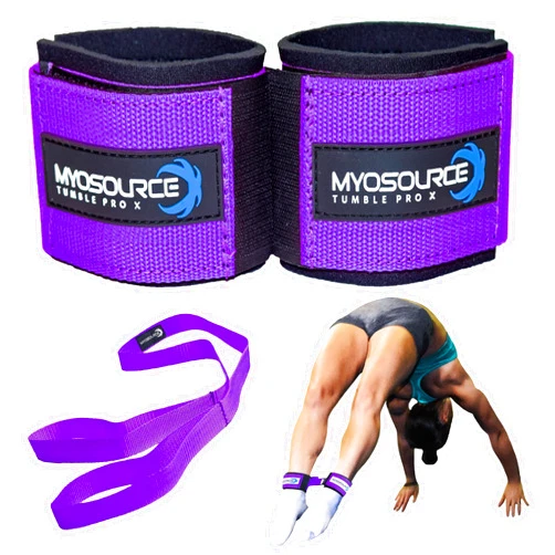 Myosource Kinetic Bands Tumble Pro X Ankle Straps Kit – Cheerleading Standing Tumbling Equipment, Gymnastics Backhandspring Trainer – Includes Flexibility Stunt Stretch Strap – Blue, Pink, Purple