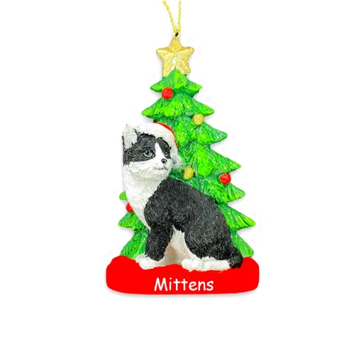 Kurt S. Adler Personalized Black and White Cat Christmas Ornament - Pet Kitten Wearing Santa Hat with Custom Name