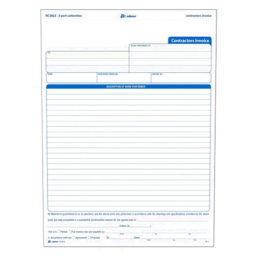 Adams Contractor Invoice Forms, 8.5 x 11.44 Inch, 3-Part, Carbonless, 100-Pack, White, Canary and Pink (NC3822)