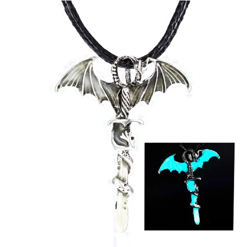 Generic Durable and DeftVintage Punk Glowing Luminous Dragon Pendant Necklaces Mens Leather Rope 3 Colors Women Jewelry Retro Gifts Silver