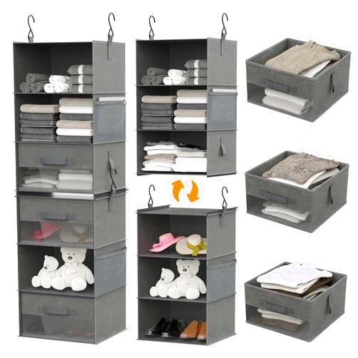 CHILIGO 6-Shelf Hanging Closet Organizer and Storage, Foldable closet hanging organizer, Two 3-Shelf Separable Closet Hanging Shelves with 3 Transparent Drawers 4 Side Pockets