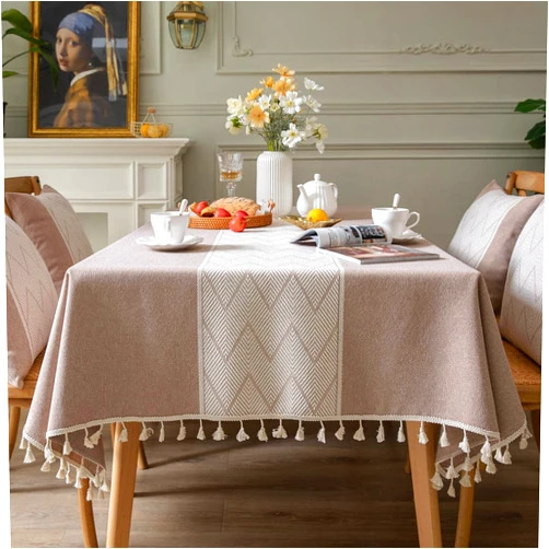 Neelvin Rectangle Square Tablecloths Knitted Embroidery Textured Tassel Cotton Linen Decorative Oblong Table Cover for Kitchen Dining Room Picnic (55x55 Inch,Brown)