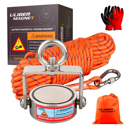 ULIBERMAGNET Strong Fishing Magnet Kit, Rotatable Neodymium Magnet Double Side Fishing Magnet with Rope, Combined 1200lbs Pulling Force for Salvaging, Retrieving and Lifting in River, Beach and Lawn