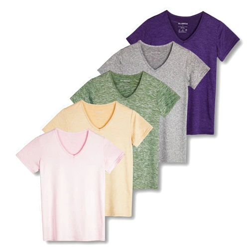 Real Essentials 5 Pack: Women's Short Sleeve V-Neck Activewear T-Shirt Dry-Fit Wicking Yoga Top (Available in Plus)