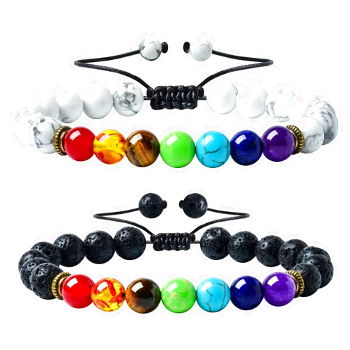 HEDQFM 2 PCS Chakra Bracelets Lava Rock Stone Aromatherapy Essential Oil Diffuser Bracelet Adjustable Woven Bracelet and Elastic Rope Bracelet for Men and Women