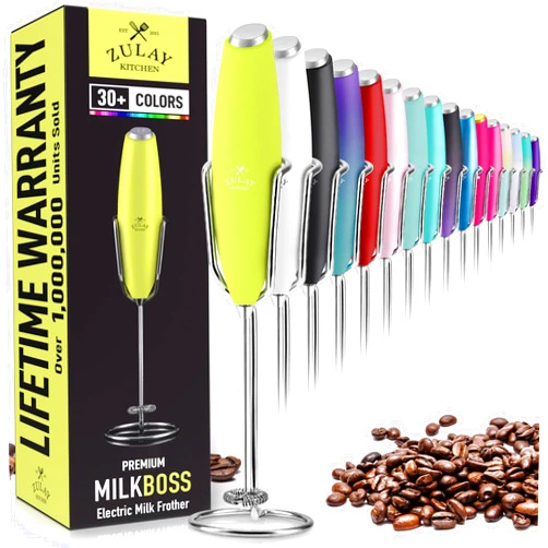 Zulay Kitchen PRO MILK FROTHER WAND - ULTRA HIGH SPEED HANDHELD FROTHER - UPGRADED STAND - Powerful Handheld Mixer with Infinite Uses - Super Instant Electric Foam Maker with Stainless Steel Whisk (Lime Green)