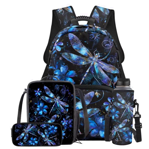 HUGS IDEA Blue Dragonfly Kids Backpack Set 3Pcs School Bookbag with Lunch Box Gothic Backpack for Girls 10-12 Lightweight Elementary School Bag for Teen Girls Book Bag Set