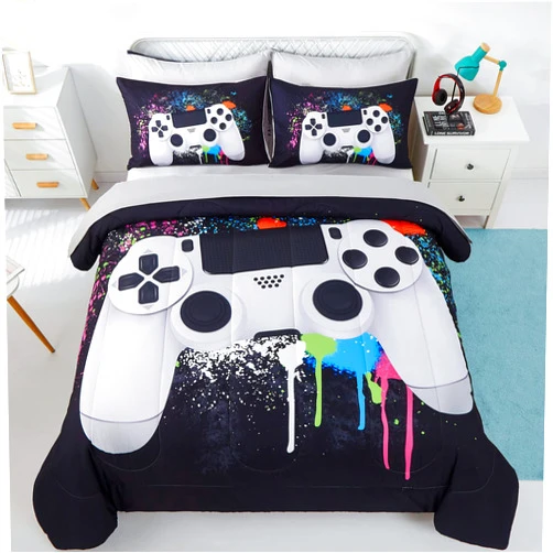 KAKKI 5 Piece Boys Queen Gamer Comforter Set with Sheets, 3D Colorful Video Game Controller Comforter for Kids Teen, All Season Soft Microfiber Gaming Bedding Set(White,Queen)