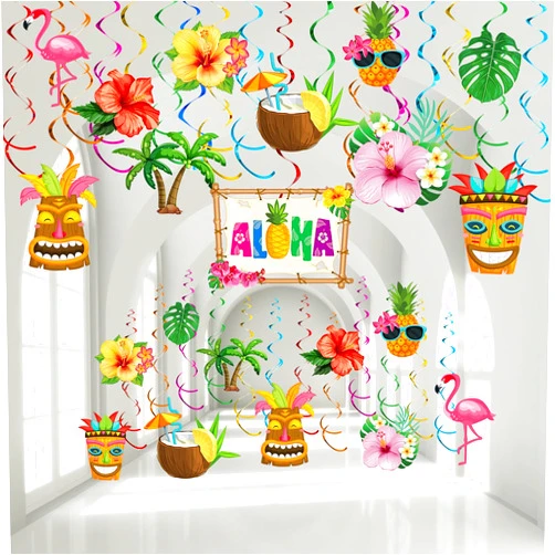Outus 30 Pieces Hawaiian Luau Birthday Party Hanging Swirl Decorations, Flower Tropical Palm Flamingo Sign Foil Ceiling Decor for Floral Tropical Party Summer Beach Pool Party Tiki Party Supplies (Summer)