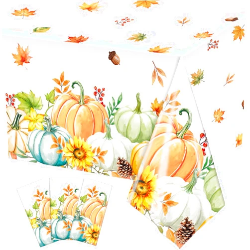 QIYANPAX 3 Pieces Fall Pumpkin Tablecloth Thanksgiving Tablecloth Autumn Harvest Maple Leaf Table Cover for Fall Thanksgiving Party Supplies, 54 x 108 Inch