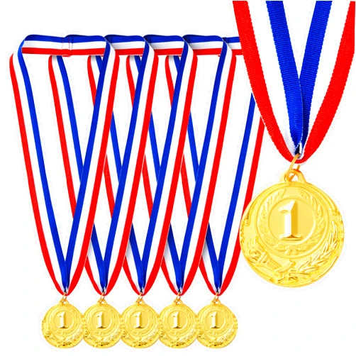 Juvale 6-Pack 1st Place Winner Gold Medals for All Ages, Participation Awards with 15.5-Inch Red, White, and Blue Ribbon for Sports, Tournaments, Competitions (Metal, 2 in)