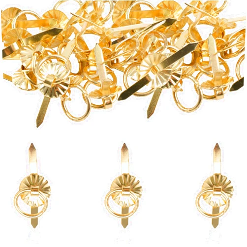 URROMA 60 Pcs Small Ring Pulls Handle Knobs Antique, Paper Craft Fasteners Brads for Paper Craft DIY Stamping Scrapbooking, Gold Tone