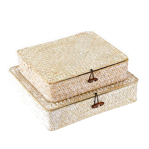 Hipiwe Set of 2 Flat Woven Wicker Storage Bins with Lid Natural Seagrass Basket Boxes Multipurpose Home Organizer Bins Boxes for Shelf Organizer (Whitewash)