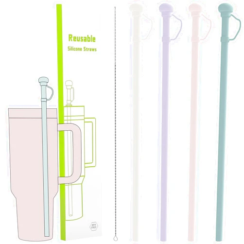 Chefbar Silicone Straws 4 Pack, 12 inch Long Reusable Straws With Straw Cover for Stanley 40 oz 30 oz Cup Tumbler, Drinking Straw with 1 Cleaning Brush for Stanley Accessories, Food Grade & BPA Free