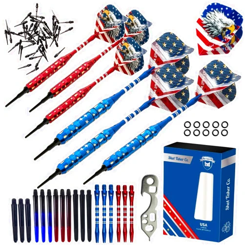 SHOT TAKER CO. EST. 2017 Soft Tip Darts Set - Professional Darts for Electronic Dartboard - includes Brass Barrels + Plastic & Aluminum Shafts + Rubber O'Rings + Flights + 50PC 2BA Tips + Wrench