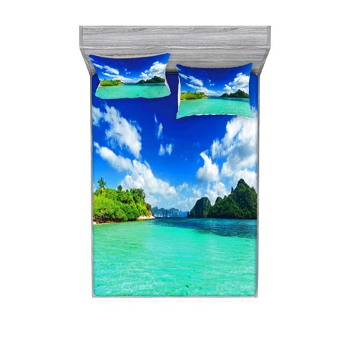 Ambesonne Landscape Fitted Sheet & Pillow Sham Set, Summer Island Botanic Tropical View with Sea Mountain Tree Forest Photo, Decorative Printed 3 Piece Bedding Decor Set, Queen, Turquoise Blue Green