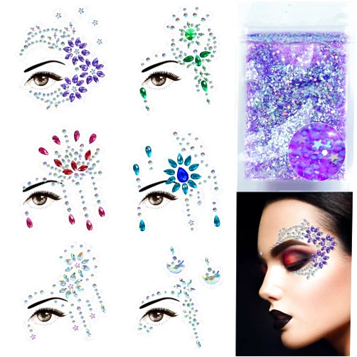 DECOYARDOO Face Jewels 6 Sheets Face Gems Stick On, 10g Chunky Glitter, Face Jewelry Rhinestones Crystals Stickers, Fairy Euphoria Eye Body Makeup Rave Clothes Festival Outfit Accessories