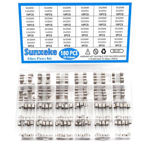 Sunxeke 24 Values 180pcs Fast Blow Glass Fuses Assortment Kit 250V 0.5A 1A 2A 3A 4A 5A 6A 7A 8A 10A 15A 20A 5X20MM 0.5A 1A 2A 3A 4A 5A 6A 7A 8A 10A 15A 20A 6X30MM 250V Fast-Blow Glass Fuses Set
