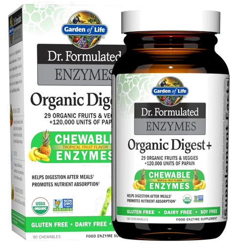 Garden of Life Dr Formulated Digestive Enzymes with Papain, Bromelain, Lipase for Digestion & Nutrient Absorption – Organic Digest+ - Vegan, Gluten-Free, Non-GMO, Tropical Fruit Flavor, 90 Chewables