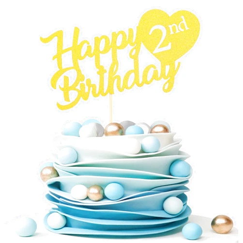 LeeLeeAn Happy 2nd Birthday Cake Topper - 2nd Birthday Party gold cake topper Decoration Supplies，Smash Cake Decoration Photo Booth Props, Happy Heart Shape Two Years Old Birthday