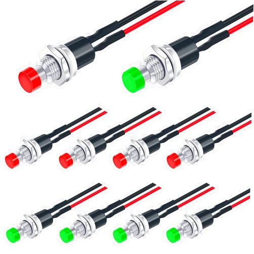 Twidec/10Pcs 12V 250V Momentary Push Button Switch 2 Pins SPST 7mm Red and Green Normal Open 1A Mini Round Button Switch with Pre-soldered Wires PBS-110-XRG