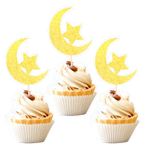 ZHUOWEISM 24 PCS Eid Moon Star Cupcake Toppers Gold Glitter Ramadan Kareem Eid Mubarak Cupcake Picks for Eid Islamic Muslim Theme Party Cake Decorations Supplies
