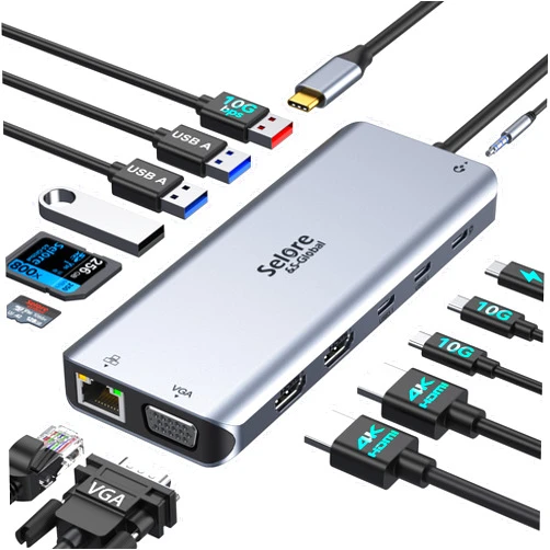 Selore&S-Global Selore USB C Docking Station Dual Monitor,Laptop Docking Station,14 in 1 Docking Station 3 Monitors with 2 HDMI,VGA,10G USB A/C,100W PD,6 USB A/C Ports,USB C Hub Multiport Adapter for Windows Laptop