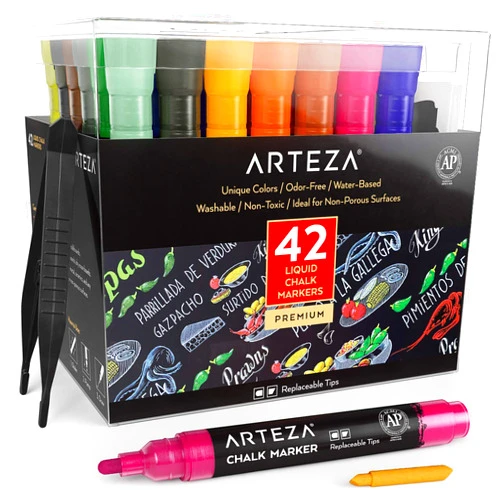 ARTEZA Liquid Chalk Markers, 42 Colors Pack with 50 Chalkboard Labels, Fine Tip Chalk Pens for Blackboard, Whiteboard, Windows, Mirrors, Glass