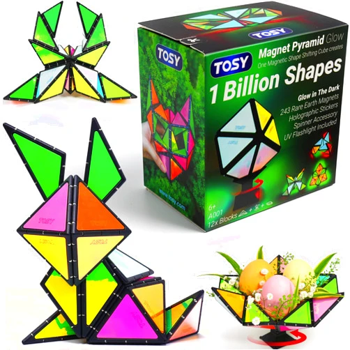 TOSY Magnet Pyramid Glow - 1 Cube Transforms into 1 Billion Shapes, Easter Basket Stuffers Essentials for Kids/Teens, 243 Rare Earth Magnets, Glowing, Holographic Design, Puzzle/STEAM Toy