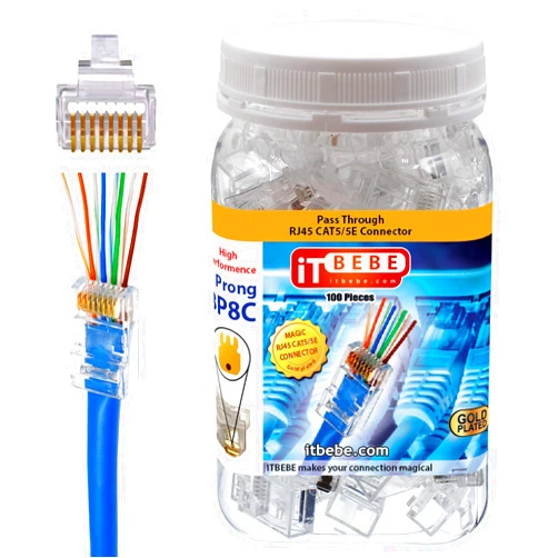 Itbebe.com ITBEBE Gold Plated 100 Pieces End Pass Through RJ45 Cat5 Cat5e Connector by itbebe (Cat5/5e 100 Pieces)