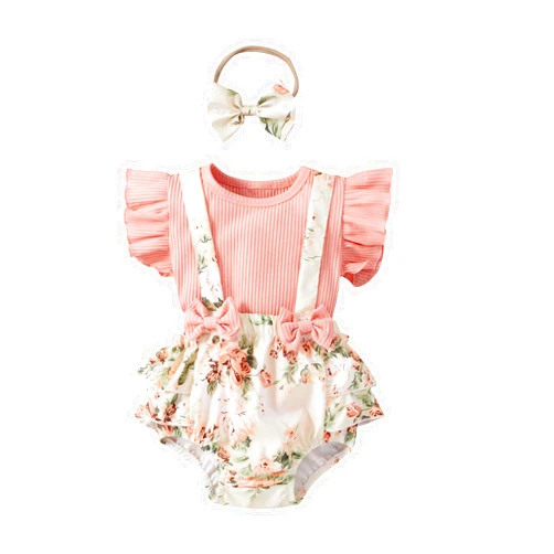 BULINGNA Cute 3Pcs/Set Newborn Baby Girl Ruffle Sleeve Knitted T-Shirt Top Floral Suspender Shorts Bow Headband Outfits