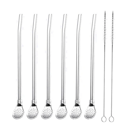 EvaGO Reusable Stainless Steel Drinking Straws with Filter Spoon 6 Pieces Yerba Mate Tea Bombilla Drinking Straws with 2 Pieces Cleaning Brushes Set, 7.1inch Long