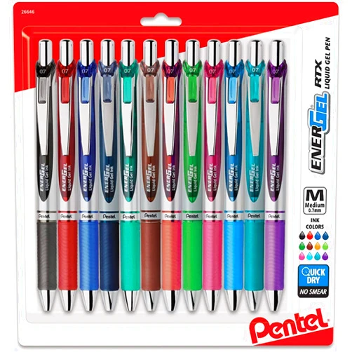 Pentel EnerGel RTX Retractable Liquid Gel Pen, (0.7mm) Medium Line, Assorted Ink,12-Pk (BL77BP12M) Assorted 12 Pack 0.7mm