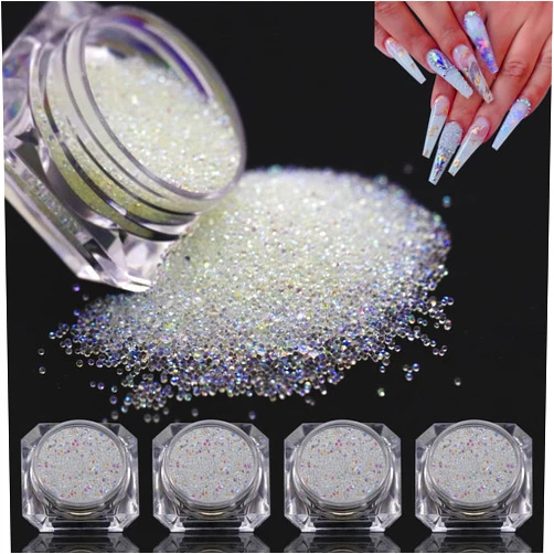 HINABTRU 4 Bottle Micro Rhinestones Pixie Crystals Caviar Beads-Crystals Mini Bubble Nail Gems Diamonds Stones-Clear ab Iridescent Rhinestone Shine-Charms Tiny Round Glass Bead for Nails Crafts