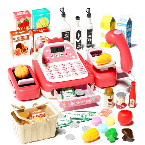 STACTCUTE 49Pcs Cash Register Toy Set for Kids, Pretend Play Grocery Store Cashier Playset with Conveyor Belt, Scanner, Weighing Scale, Calculator & Microphone, Toys Gift for Toddlers Ages 3-8 (Pink)