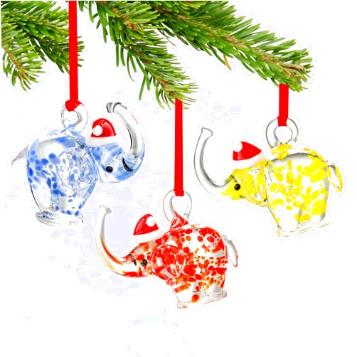 HDCRYSTALGIFTS 3PCS Glass Elephant Ornaments Hand Blown Glass Elephant with Christmas Hat Ornaments Christmas Tree Hanging Decoration Home Xmas Holiday Decor