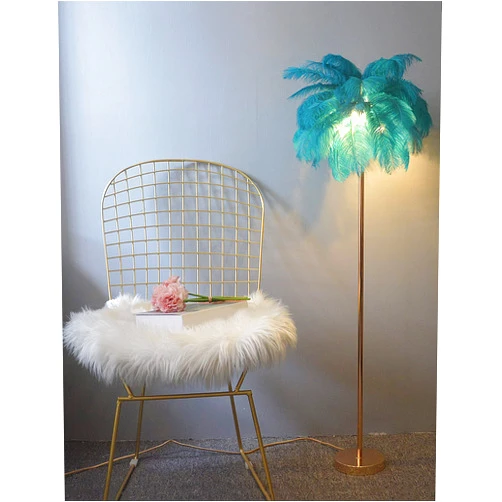 Generic Natural Ostrich Feather Floor Lamp, Modern LED Dimmable Standing Lamp, Romantic Princess Bedroom Reading Lamp, Tall Corner Lamp for Living Room, Dining Room and Office (Blue)