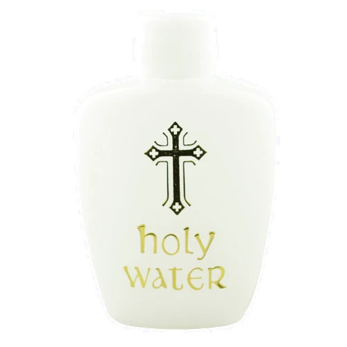 VILLAGE GIFT IMPORTERS Plastic Holy Water Botle with gold-tone cross | White with Gold-Tone Cross and Lettering | Church Supplies | Portable for Home and travel | Durable | Christian home goods