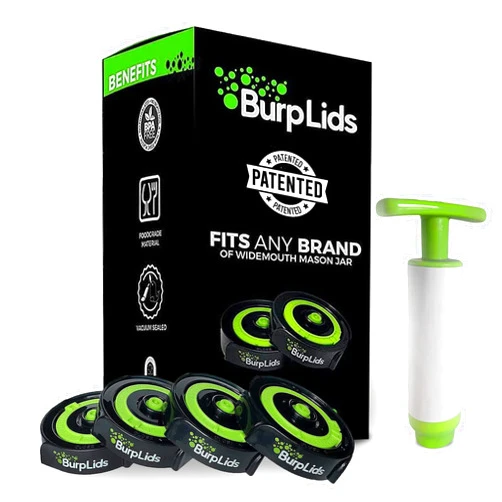 Burp lids Wide Mouth Mason Jar Lids for Curing, Harvesting, Fermenting, Canning. Vacuum Sealed Patented Tech that Includes 4 Lids with Extraction Pump By Burp Lids