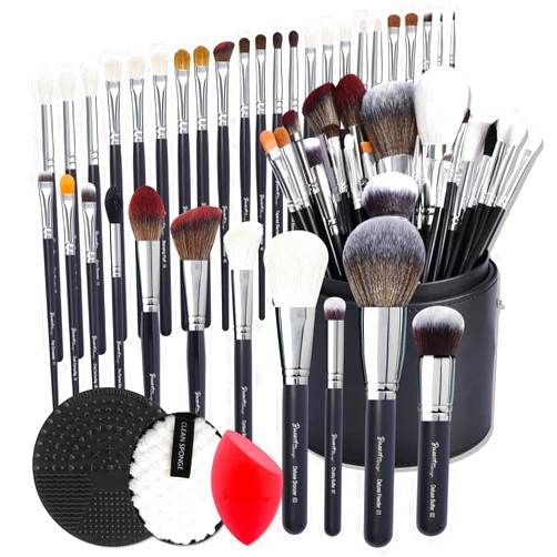 Bueart Design Pro makeup Artist 34Pcs Deluxe Real Goat Hair Horse hair Makeup Brushes Set with extra Large Holder High End Professional labeled makeup brush set with natural Pony Hair